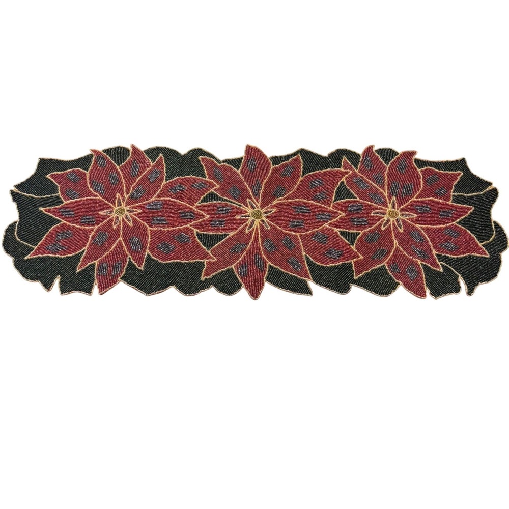 Christmas Poinsettia Hand Beaded Table Runner Red Green Gold | 35x13 | Holiday